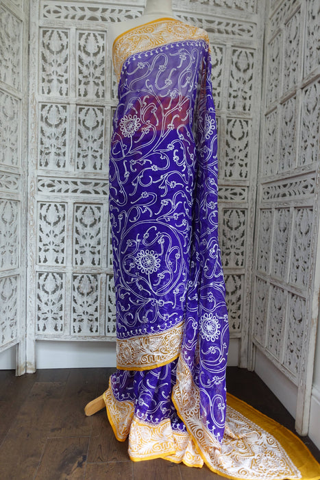 Purple And Yellow Vintage Silk Chiffon Sari - New