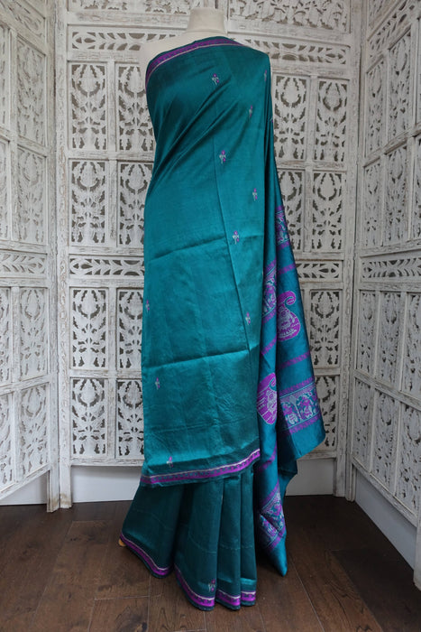 Teal Pure Silk Vintage Sari - Preloved