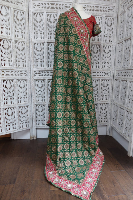 Forest Green Embellished Zardosi Sari With Blouse To Fit 36 Bust - Preloved