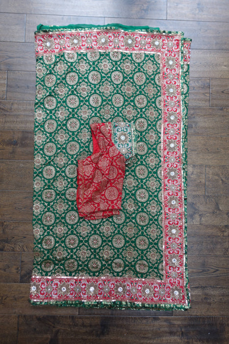 Forest Green Embellished Zardosi Sari With Blouse To Fit 36 Bust - Preloved