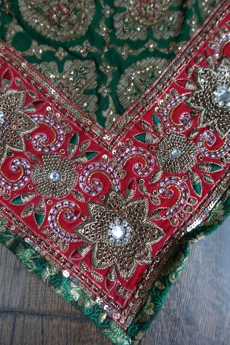Forest Green Embellished Zardosi Sari With Blouse To Fit 36 Bust - Preloved