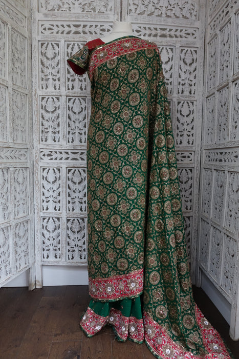 Forest Green Embellished Zardosi Sari With Blouse To Fit 36 Bust - Preloved