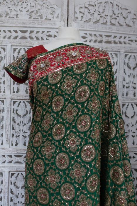 Forest Green Embellished Zardosi Sari With Blouse To Fit 36 Bust - Preloved