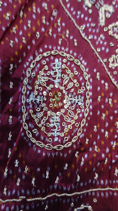 Khaki Green Silk And Maroon Beaded Vintage Sari - Preloved