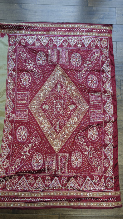 Khaki Green Silk And Maroon Beaded Vintage Sari - Preloved