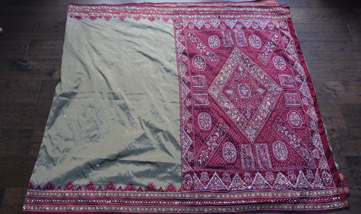 Khaki Green Silk And Maroon Beaded Vintage Sari - Preloved