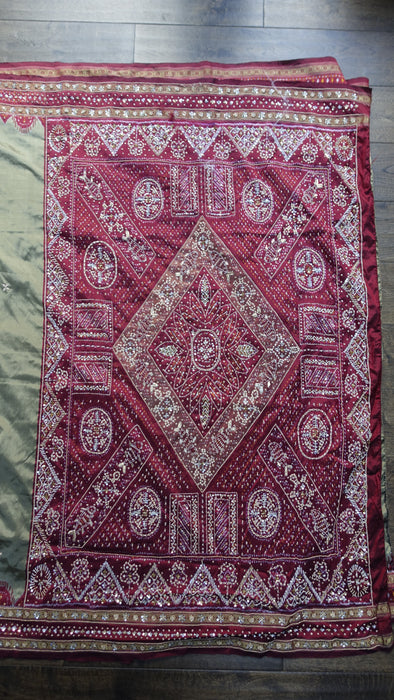 Khaki Green Silk And Maroon Beaded Vintage Sari - Preloved