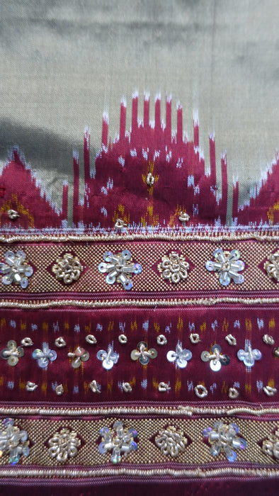 Khaki Green Silk And Maroon Beaded Vintage Sari - Preloved