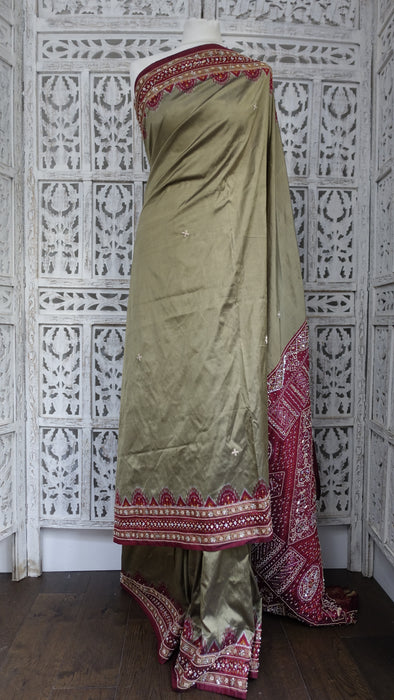 Khaki Green Silk And Maroon Beaded Vintage Sari - Preloved