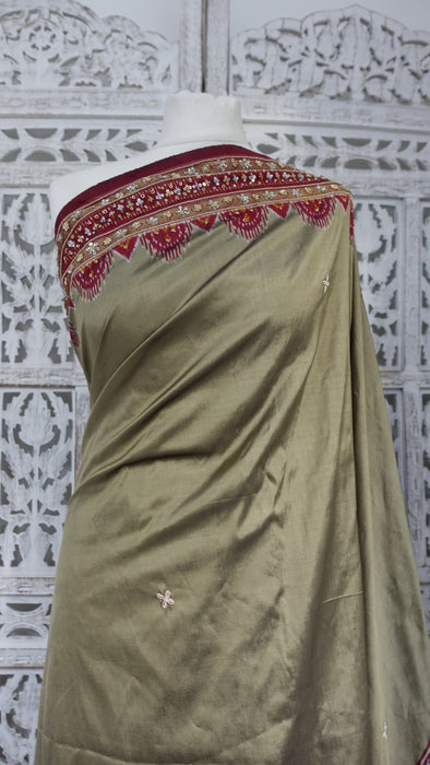 Khaki Green Silk And Maroon Beaded Vintage Sari - Preloved