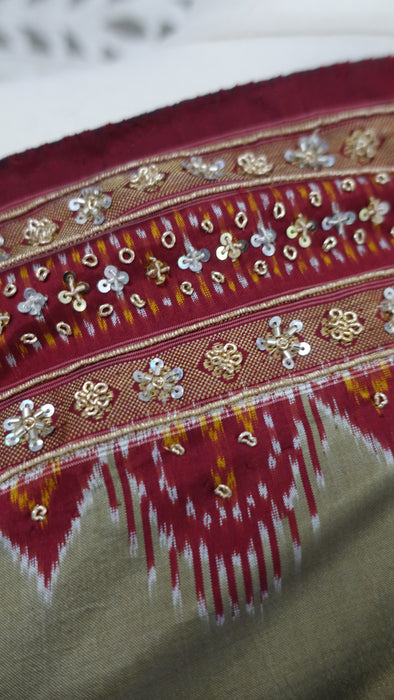 Khaki Green Silk And Maroon Beaded Vintage Sari - Preloved