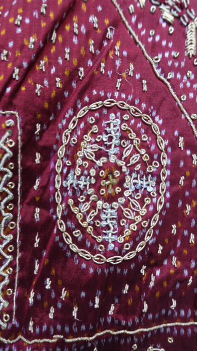 Khaki Green Silk And Maroon Beaded Vintage Sari - Preloved