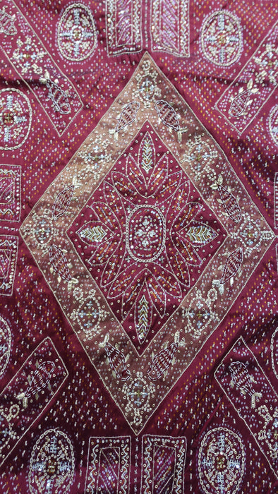 Khaki Green Silk And Maroon Beaded Vintage Sari - Preloved