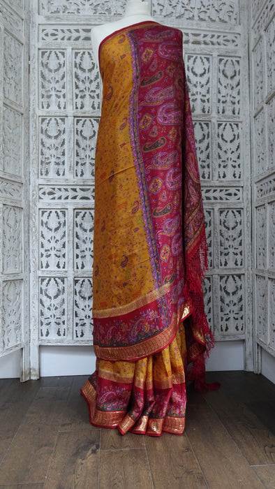 Ochre And Red Pasiely Silk Sari - New