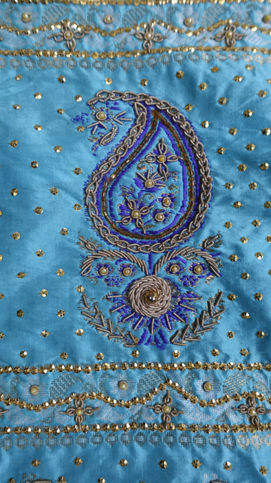 White And Blue Pure Silk Vintage Sari - New