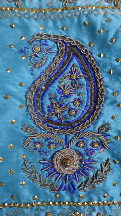 White And Blue Pure Silk Vintage Sari - New