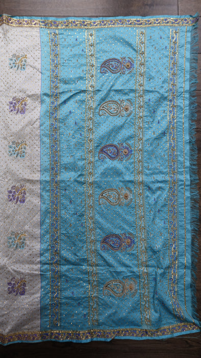 White And Blue Pure Silk Vintage Sari - New