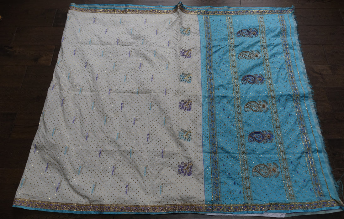 White And Blue Pure Silk Vintage Sari - New