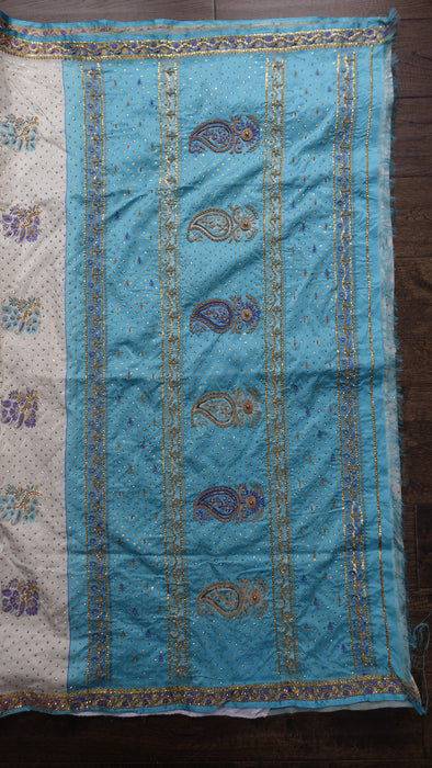 White And Blue Pure Silk Vintage Sari - New
