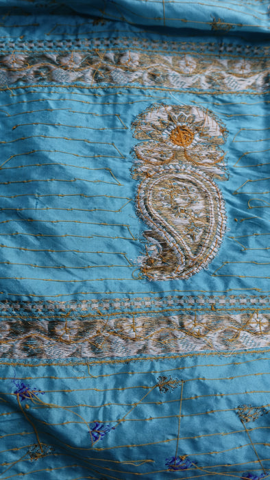 White And Blue Pure Silk Vintage Sari - New