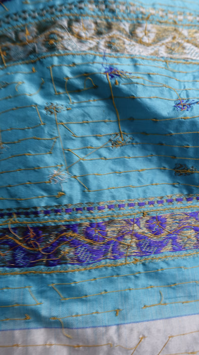 White And Blue Pure Silk Vintage Sari - New