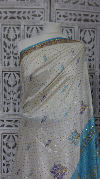 White And Blue Pure Silk Vintage Sari - New