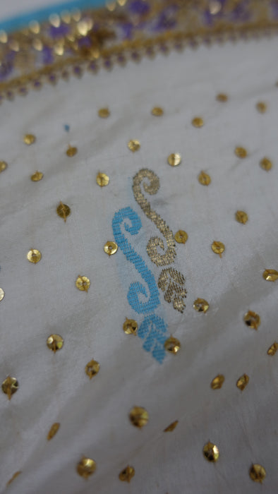 White And Blue Pure Silk Vintage Sari - New