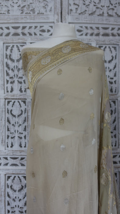 Cream Silk Chiffon Vintage Sari With Blouse Piece - New
