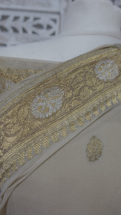 Cream Silk Chiffon Vintage Sari With Blouse Piece - New