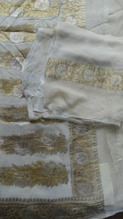 Cream Silk Chiffon Vintage Sari With Blouse Piece - New