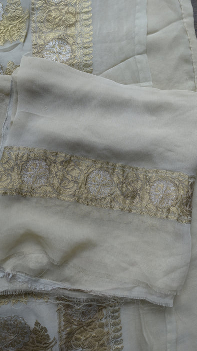Cream Silk Chiffon Vintage Sari With Blouse Piece - New