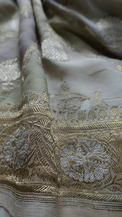 Cream Silk Chiffon Vintage Sari With Blouse Piece - New