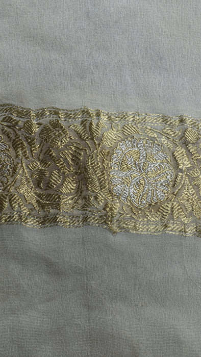 Cream Silk Chiffon Vintage Sari With Blouse Piece - New