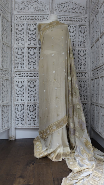 Cream Silk Chiffon Vintage Sari With Blouse Piece - New