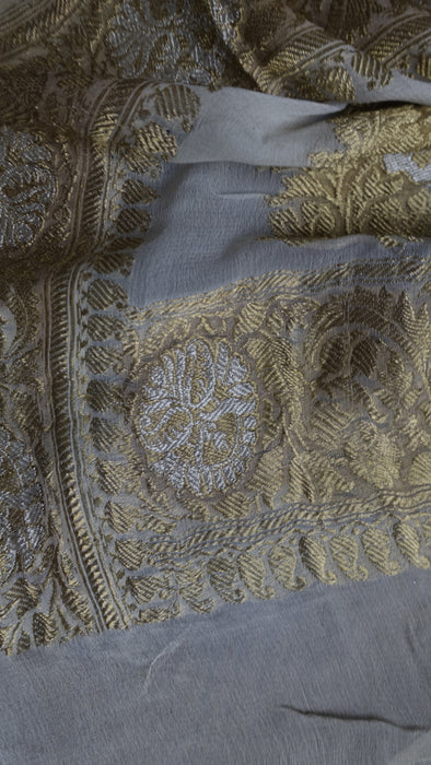 Cream Silk Chiffon Vintage Sari With Blouse Piece - New