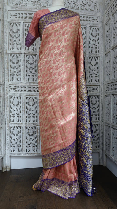 Peach And Purple Vintage Banarsi Silk With Sequins - New