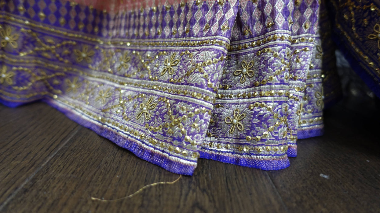 Peach And Purple Vintage Banarsi Silk With Sequins - New