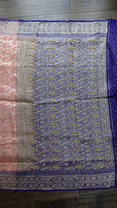 Peach And Purple Vintage Banarsi Silk With Sequins - New