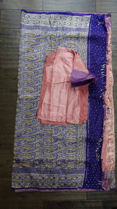 Peach And Purple Vintage Banarsi Silk With Sequins - New