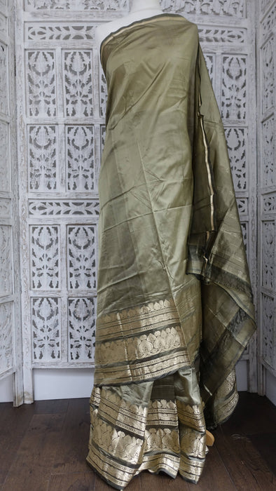 Khaki Green Silk Blend Sari - New