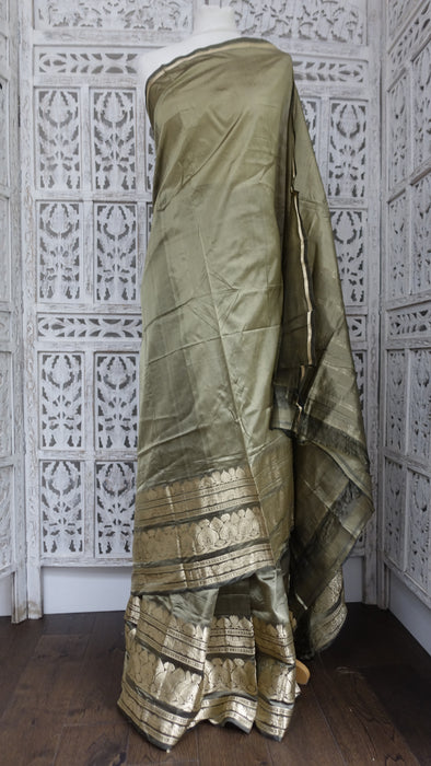 Khaki Green Silk Blend Sari - New
