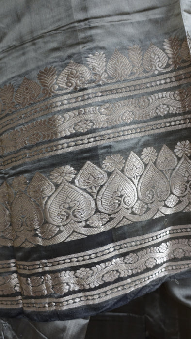 Khaki Green Silk Blend Sari - New