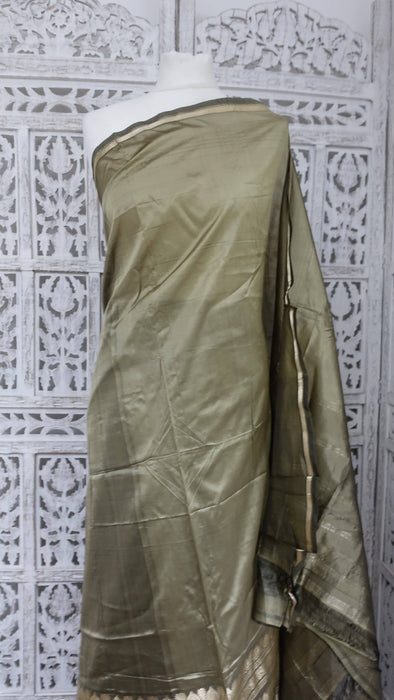 Khaki Green Silk Blend Sari - New