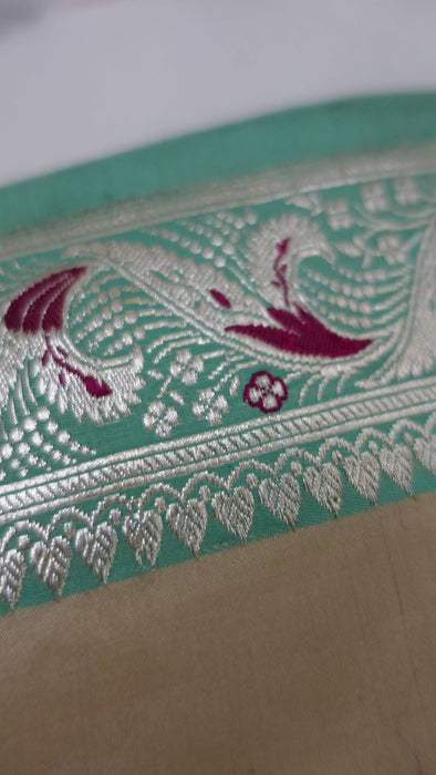 Cream And Jade Pure Silk Vintage Sari - New