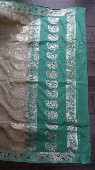 Cream And Jade Pure Silk Vintage Sari - New