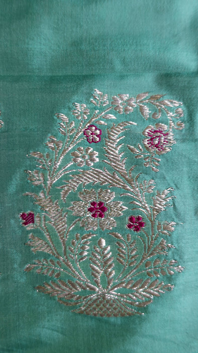 Cream And Jade Pure Silk Vintage Sari - New