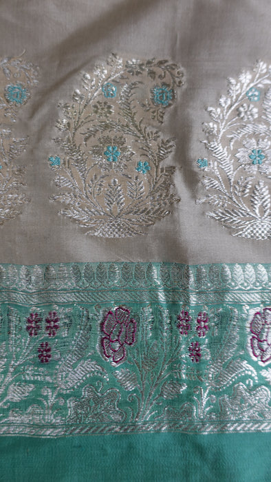 Cream And Jade Pure Silk Vintage Sari - New