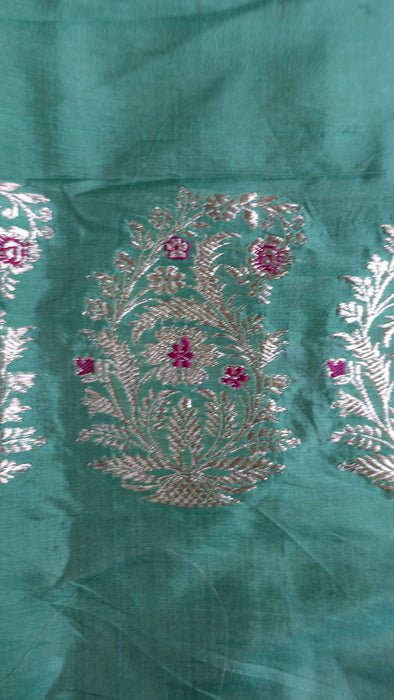 Cream And Jade Pure Silk Vintage Sari - New