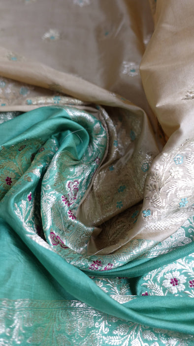 Cream And Jade Pure Silk Vintage Sari - New
