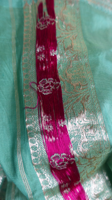 Cream And Jade Pure Silk Vintage Sari - New